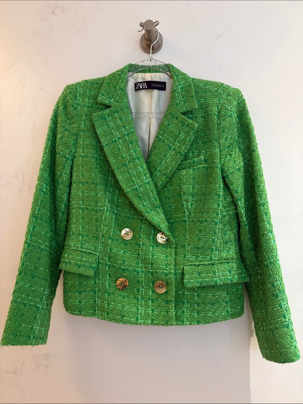 Zara Vibrant Green Tweed Double-Breasted Blazer